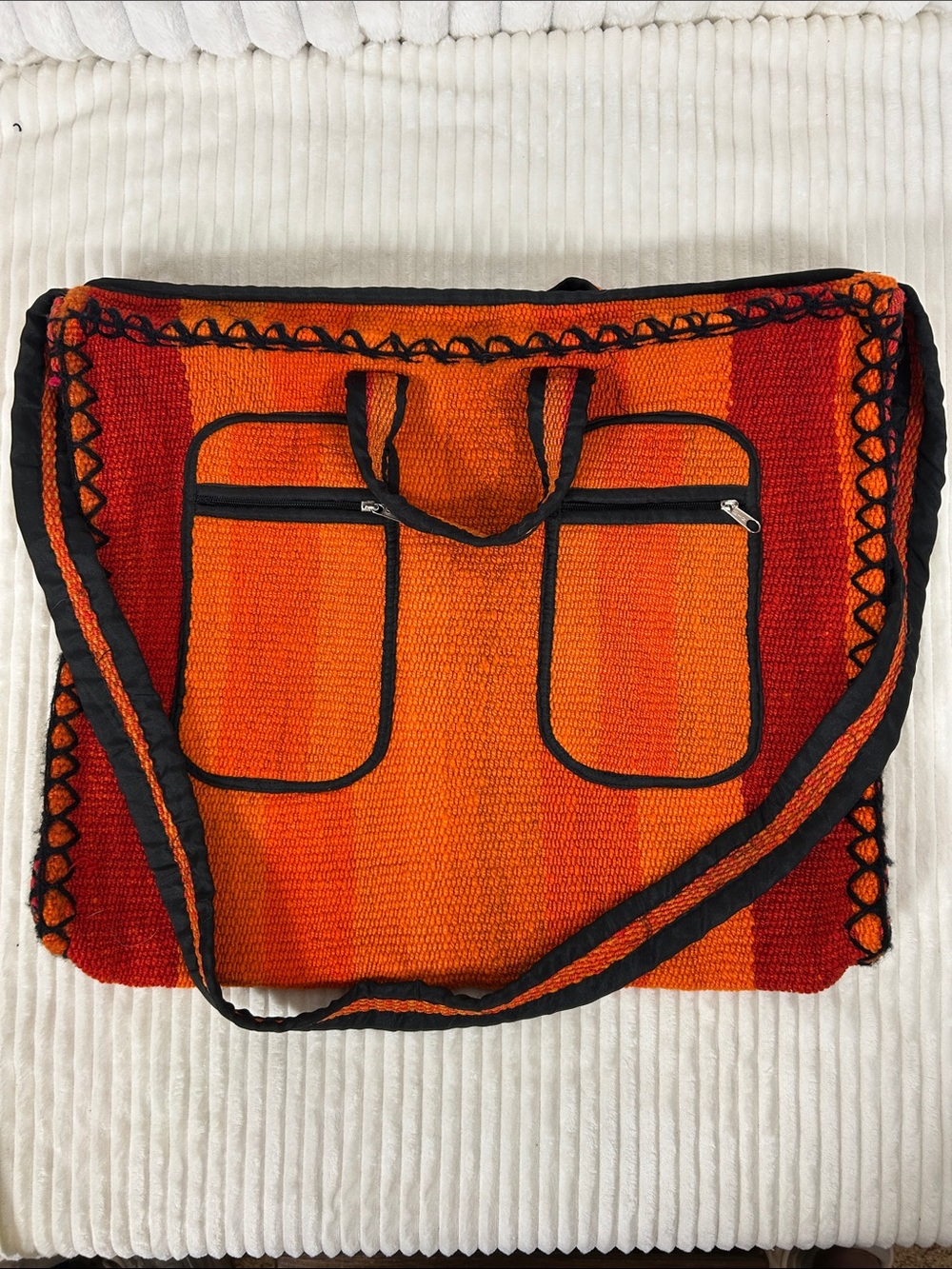 Handmade Vintage Peru Andean orange Striped large crossbody Bag